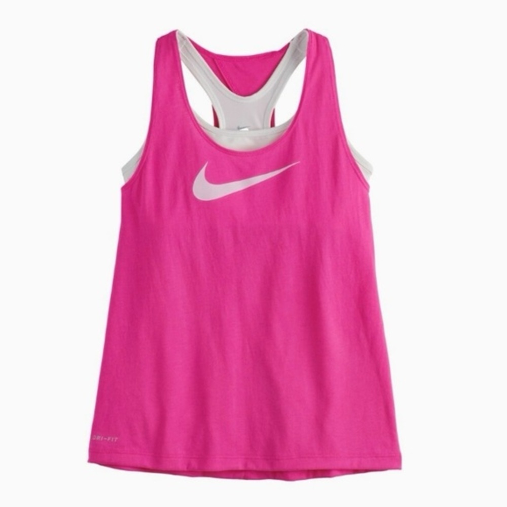 Nike Girls Large Pink and White Tank Top With A Built In Bra
